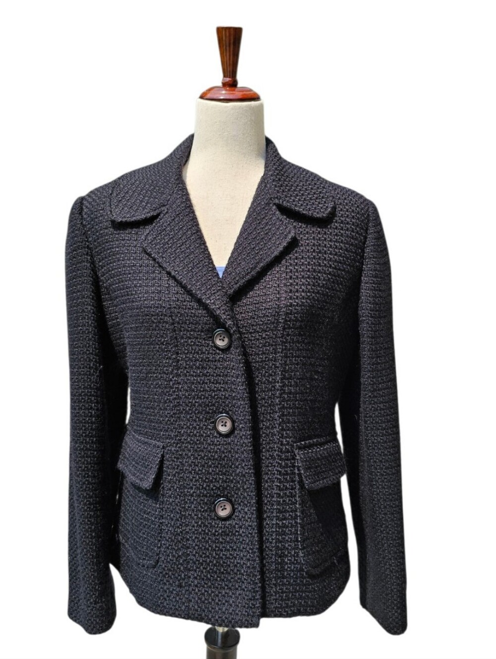 Rafella Wool Blend Black Textured Women's Blazer Button Up Pocketed Jacket 10